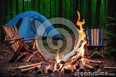 generative AI, Camping and bonfire in the forest Stock Photo