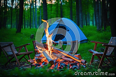 generative AI, Camping and bonfire in the forest Stock Photo