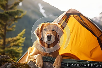 Generative AI camping in mountains with a dog. Red cute golden retriever is little traveler. Front view. Happy dog Stock Photo