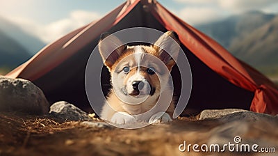 Generative AI camping in mountains with a dog. Red and white welsh corgi pembroke puppy is little traveler. Front view. Stock Photo