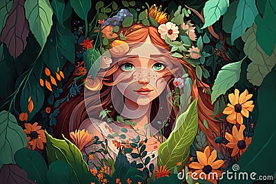 Generative AI. Cartoon illustration for Mother Earth Day with the image of a beautiful woman in the image of nature Cartoon Illustration