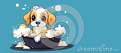 Generative AI cartoon-style illustration depicting a cute dog taking a bath full of soap suds. Copying space. Cartoon Illustration