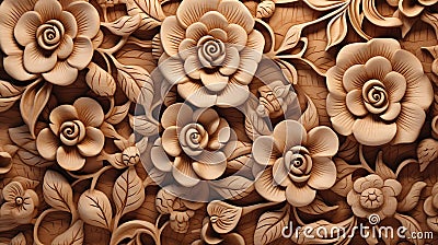 Generative AI, Carving natural wooden flowers, 3d pattern Stock Photo
