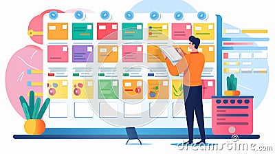 Generative AI Caucasian man has creative approach to organizing work leaves colorful stickers on wall discusses wo Stock Photo