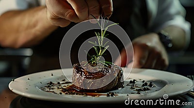 Generative AI Chef decorating a plate with freshly grilled meat Cooker adding a piece of rosemary with tweezers on Stock Photo
