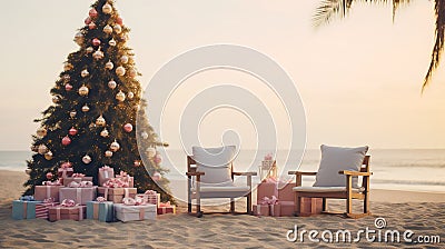 Generative AI, Christmas on the beach. Gifts, Christmas tree, palm, ocean Stock Photo