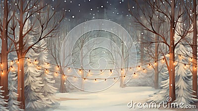 Generative AI Christmas and New Year banner. Fabulous winter snow forest with a garland and a copy space for text and Stock Photo