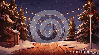 Generative AI Christmas and New Year banner. Fabulous winter snow forest with a garland and a copy space for text and Stock Photo