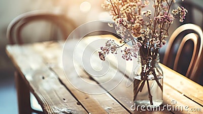 Generative AI Close up of design wooden table with stylish chairs flowers in vase and elegant accessoreis Details Stock Photo