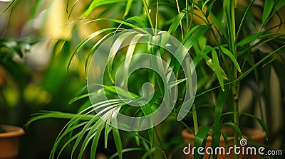 Generative AI Close up leaves of Bamboo palm Chamaedorea seifrizii Houseplants in pots for sale in a flower shop b Stock Photo