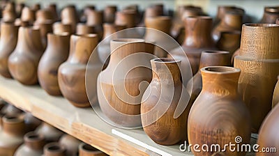 Generative AI Close up many groups of handmade wooden vase stock on the shelf at the vase store Vase stock is read Stock Photo