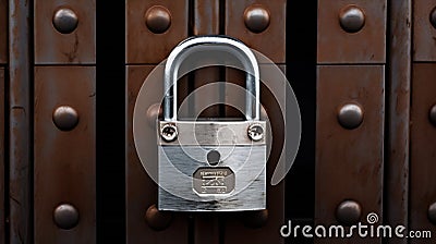 Generative AI Close-up of solid metal locked padlock, thing to protect home or apartment with, protection from bre Stock Photo