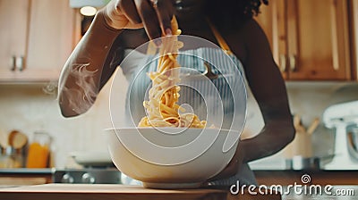 Generative AI Close up of unrecognizable black woman mixing pasta in bowl while cooking in cozy kitchen copy space Stock Photo