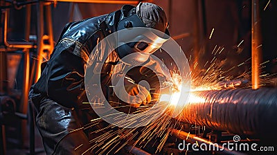 Generative AI close up A worker welding a pipeline Cartoon Illustration