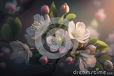 Generative AI, Closeup blossoming tree brunch with white flowers. Flowering of apple trees. Beautiful blooming apple tree branch Stock Photo