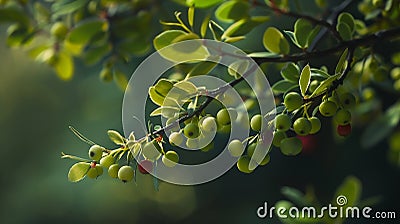 Generative AI Closeup branch of barberry bush with green berries business concept. Stock Photo