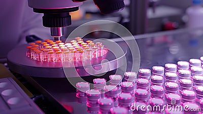 Generative AI Closeup of Medical Ampoule Production Line at Modern Modern Pharmaceutical Factory Medication Manufa Stock Photo