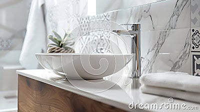 Generative AI Closeup on stylish white washbasin with wooden cabinet in new bathroom with modern patterned tiles p Stock Photo