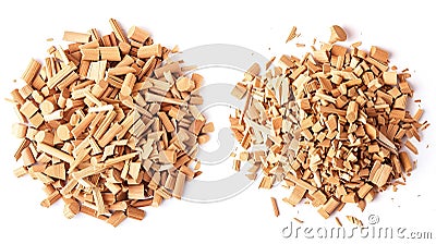 Generative AI closeup of two piles of cedar or palo santo incense wood chips isolated over a white background top Stock Photo