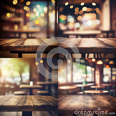 Generative AI collage of various pictures of vintage styled wooden tables in cafe Stock Photo
