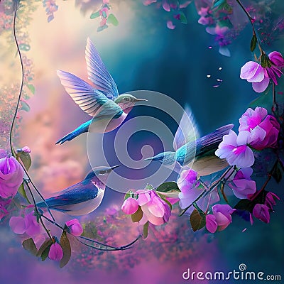 Generative AI: colorful hummingbird flying Stock Photo