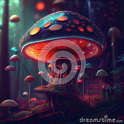 Generative AI: colorful mushroom in a forest Stock Photo