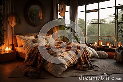 Generative AI Comfort apartment in bohemian style, boho style interior with hygge bedroom. Plaid, candles and indoor Stock Photo
