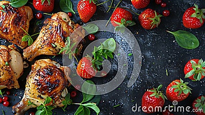 Generative AI Composition with baked chicken parsnip and strawberries on grey table in professional photo studio F Stock Photo