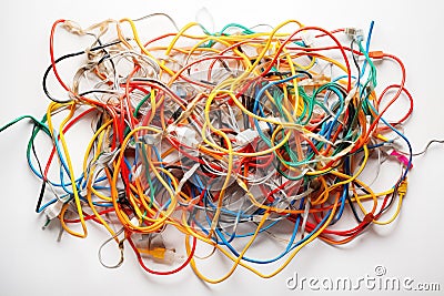 Generative AI Concept Image Showing Mass Of Colourful Tangled Electrical Wires Showing Concept Of Disorganisation From Above Stock Photo