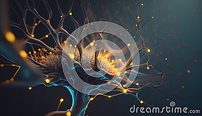 Generative AI, Conceptual illustration of neuron cells with glowing link knots in abstract dark space, high resolution. Human Cartoon Illustration