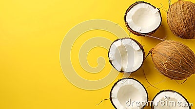 Generative AI Concet of eco frendly flat lay Fresh coconut and slices on yellow background Healthy and vegan foo Stock Photo