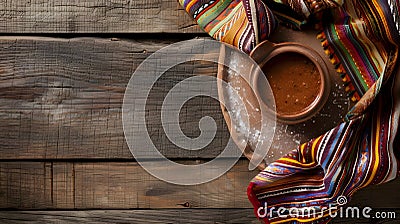 Generative AI Cooking background with empty mud dish mexican typical fabric on rustic wooden table Table top view Stock Photo
