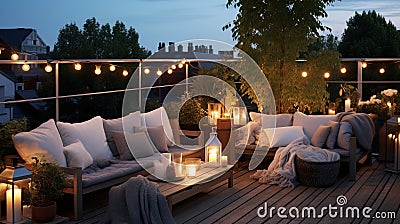 Generative AI, Cozy balcony in the evenind with lantern, garland and candles. Soft sofas and chairs for relax Stock Photo