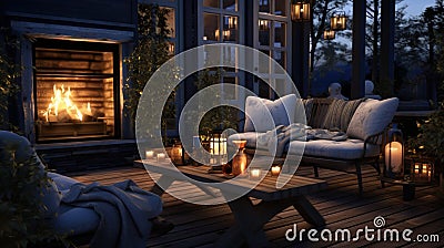 Generative AI, Cozy balcony in the evenind with lantern, garland and candles. Soft sofas and chairs for relax Stock Photo