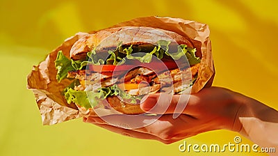 Generative AI Cropped unrecognizable person hand holding sandwich with grilled chicken fresh lettuce and tomatoes Stock Photo