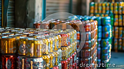 Generative AI Crushed soda and beer cans at a recycling facility. The cans will be shipped to an aluminum foundry. Stock Photo