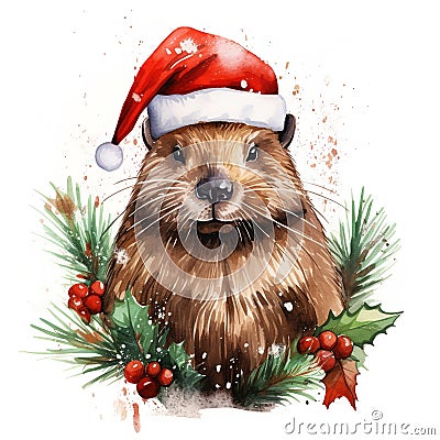 Generative AI, cute beaver animal, pet in Christmas hat and ugly sweaters Stock Photo