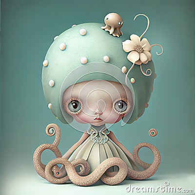 Generative AI: cute creature octopus Cartoon Illustration