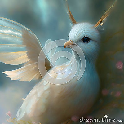 Generative AI: cute exotic fantasy bird very feathery in pastel colors on a light background Stock Photo