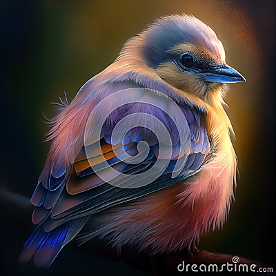 Generative AI: cute feathery bird on a branch in a blur background Stock Photo