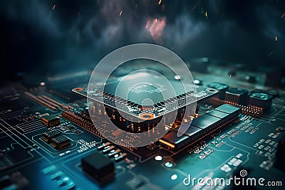 Generative AI. 3D Render of Neon Microchip Circuit Board with Floating Cloud Stock Photo
