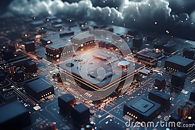 Generative AI. 3D Render of Neon Microchip Circuit Board with Floating Cloud Stock Photo
