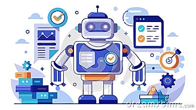 The image portrays a futuristic vision of digital transformation: a 3D-rendered robot represents the implementation of AI-powered Stock Photo