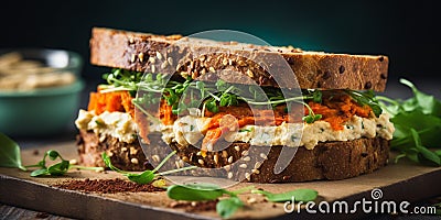 Delicious spicy sandwich of whole grain bread with fried carrots 1 Stock Photo