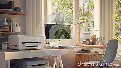 Generative AI Desktop computer with printer on desk and empty chair with wooden shelf placed by window in home off Stock Photo