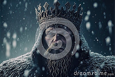 Generative AI digital art of an old king wearing a frozen crown during a blizzard Stock Photo