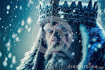 Generative AI digital art of an old king wearing a frozen crown during a blizzard Stock Photo