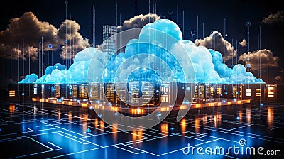 Digital Illustration of Cloud Computing Network with Glowing Blue Clouds and Data Streams on a Futuristic Grid Background, Concept Stock Photo