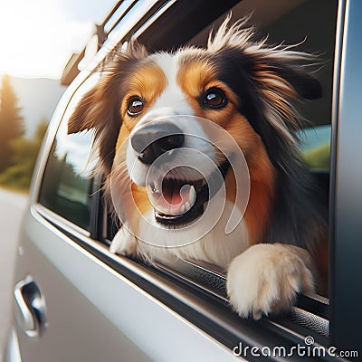 Generative AI, Dog looking out of open car window Stock Photo