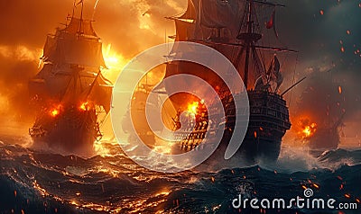 Dramatic maritime scene of tall ships engaged in a fierce battle on the high seas, with fiery explosions and turbulent ocean waves Stock Photo